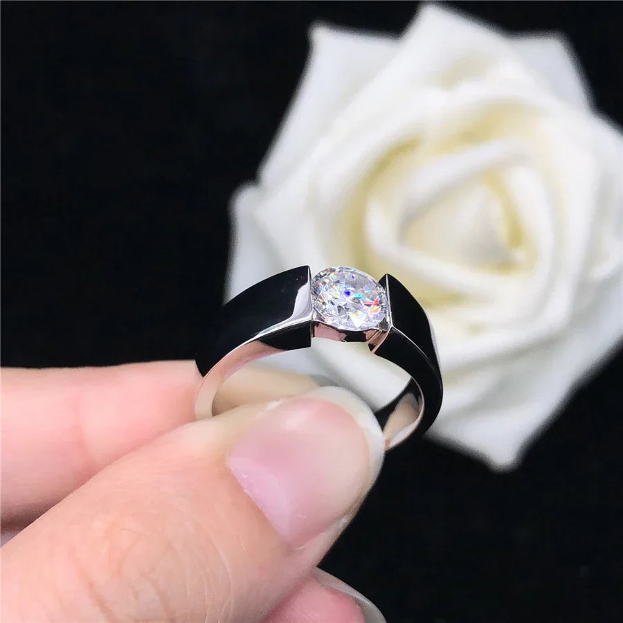 14K White Gold Certified 1CT Moissanite Diamond Men's Engagement Ring D Color Test Positive With Certificate